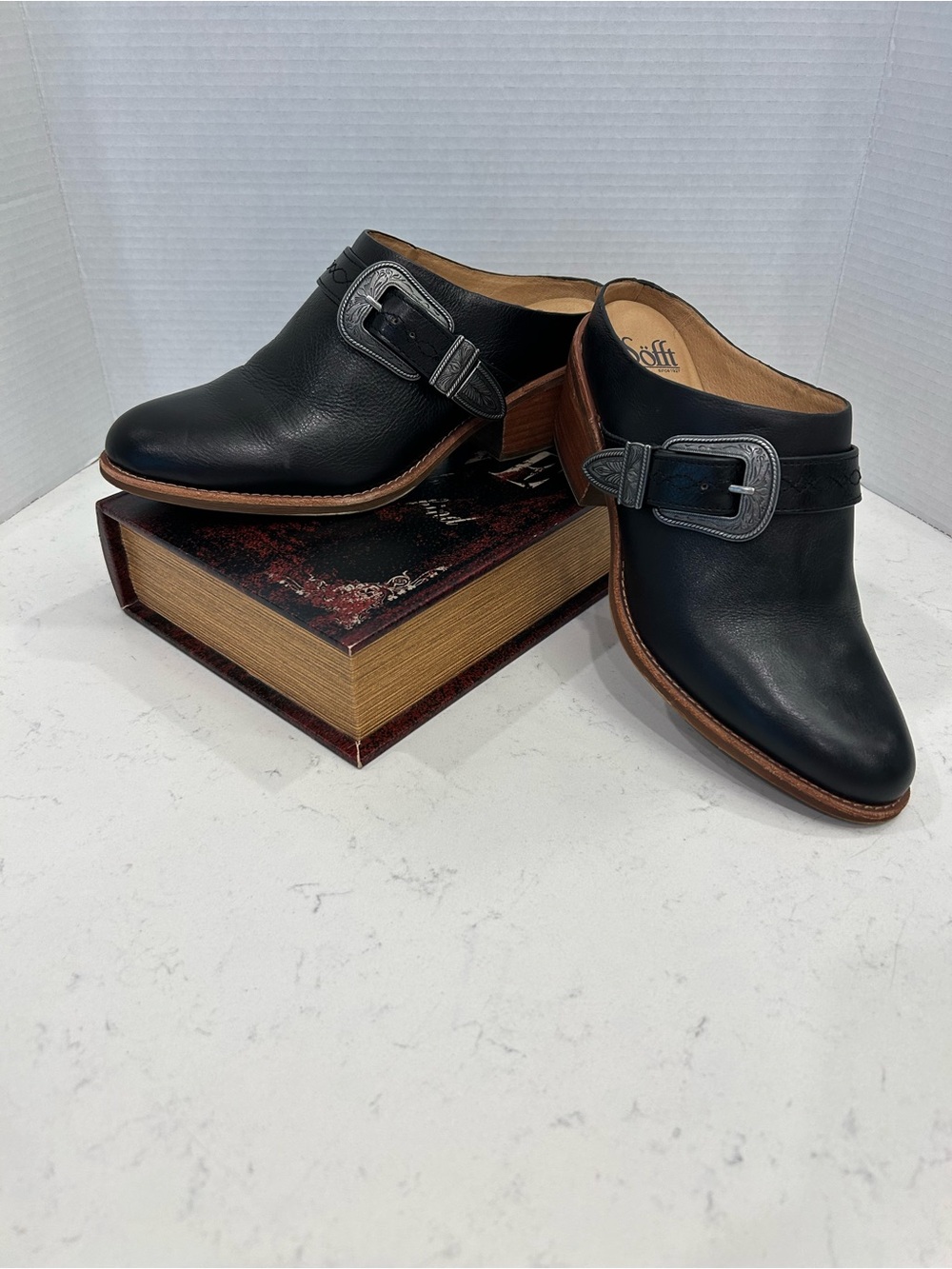Sofft Black Leather Buckle Mules with Brown Trim